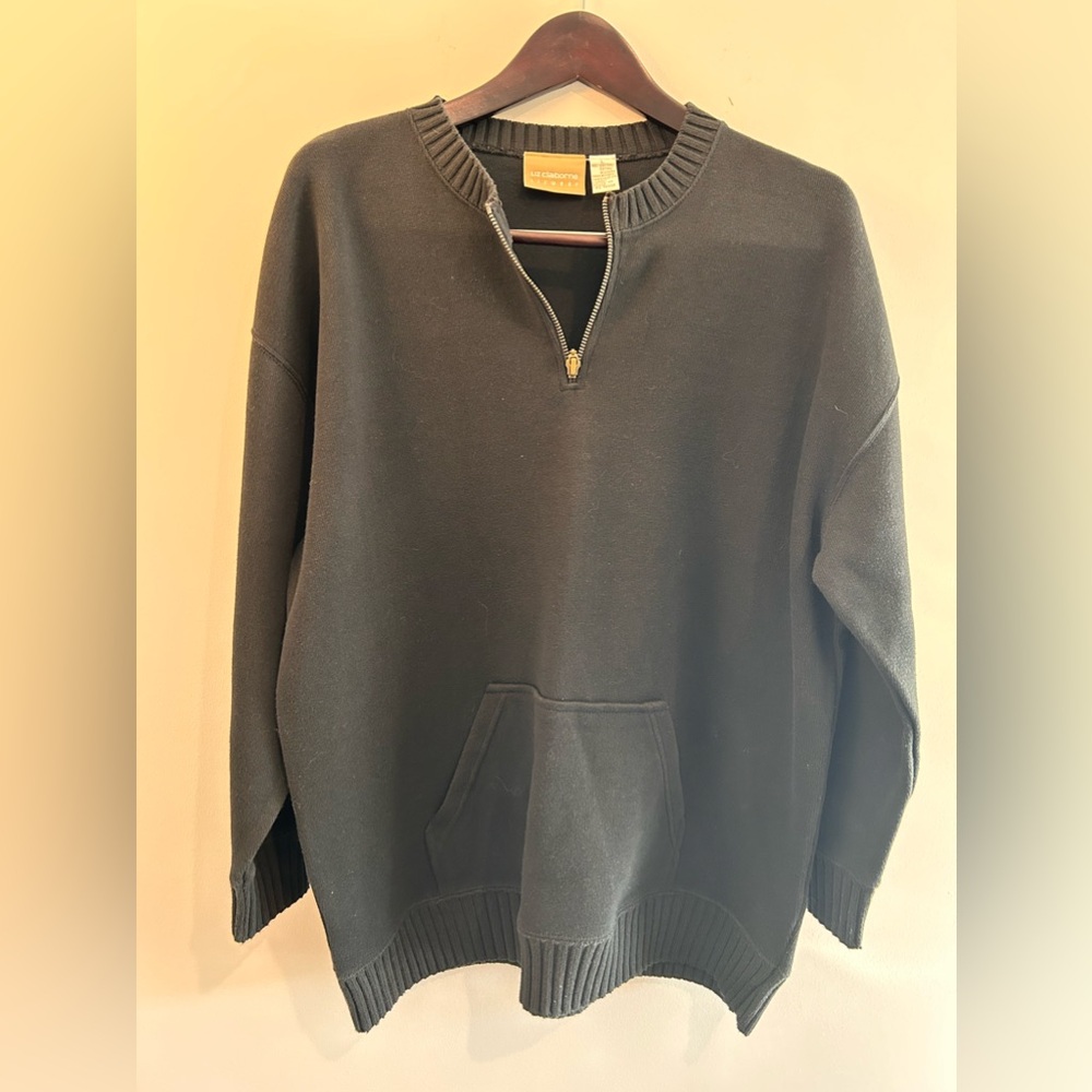 Liz Claiborne Black Sweater Sz Large 1/4 Zip Ribbed Knit 100% Cotton